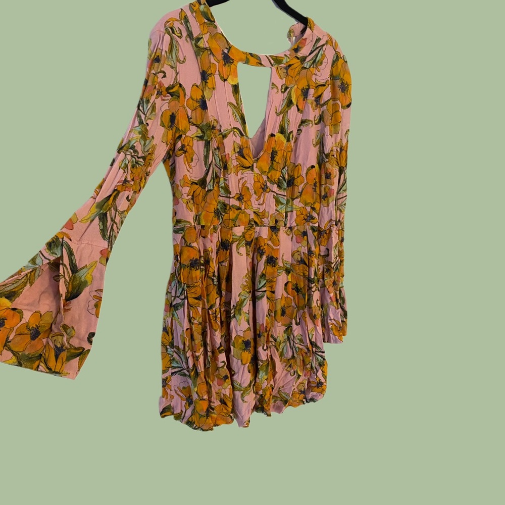 Free People Retro Bell Sleeve Mini Dress Pink and Yellow Teagan